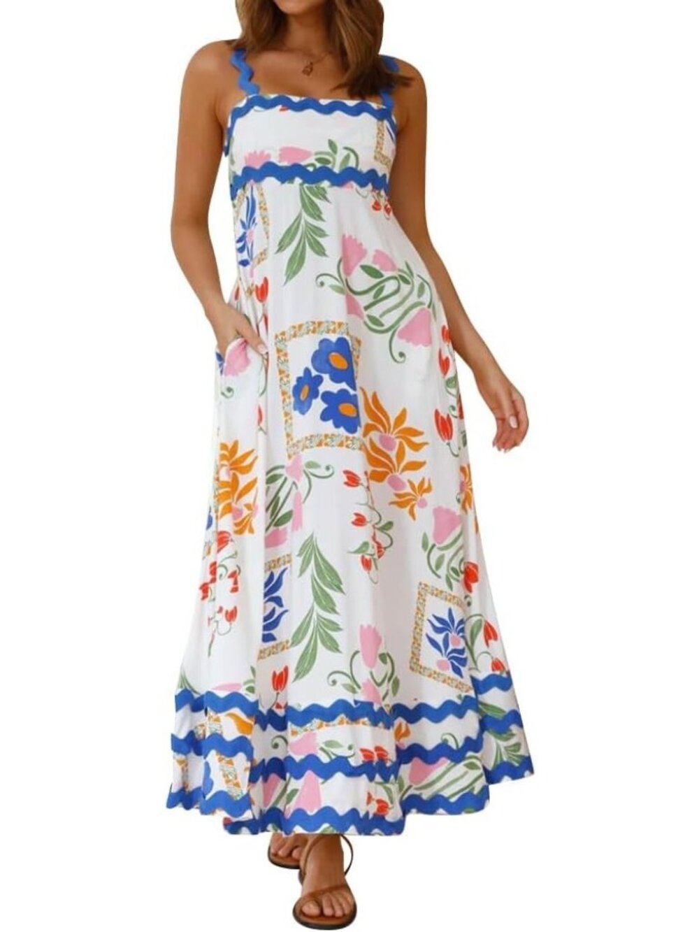 Women's Summer Spaghetti Straps Sleeveless Smocked Sundresses Rickrack Trim Ruff